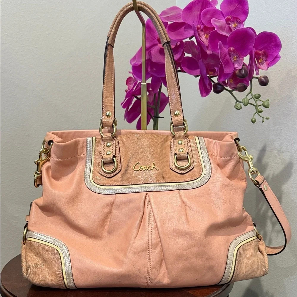 Coach Peach and Tan Leather Pink Shoulder Bag tote purse vintage designer y2k - Picture 2 of 14